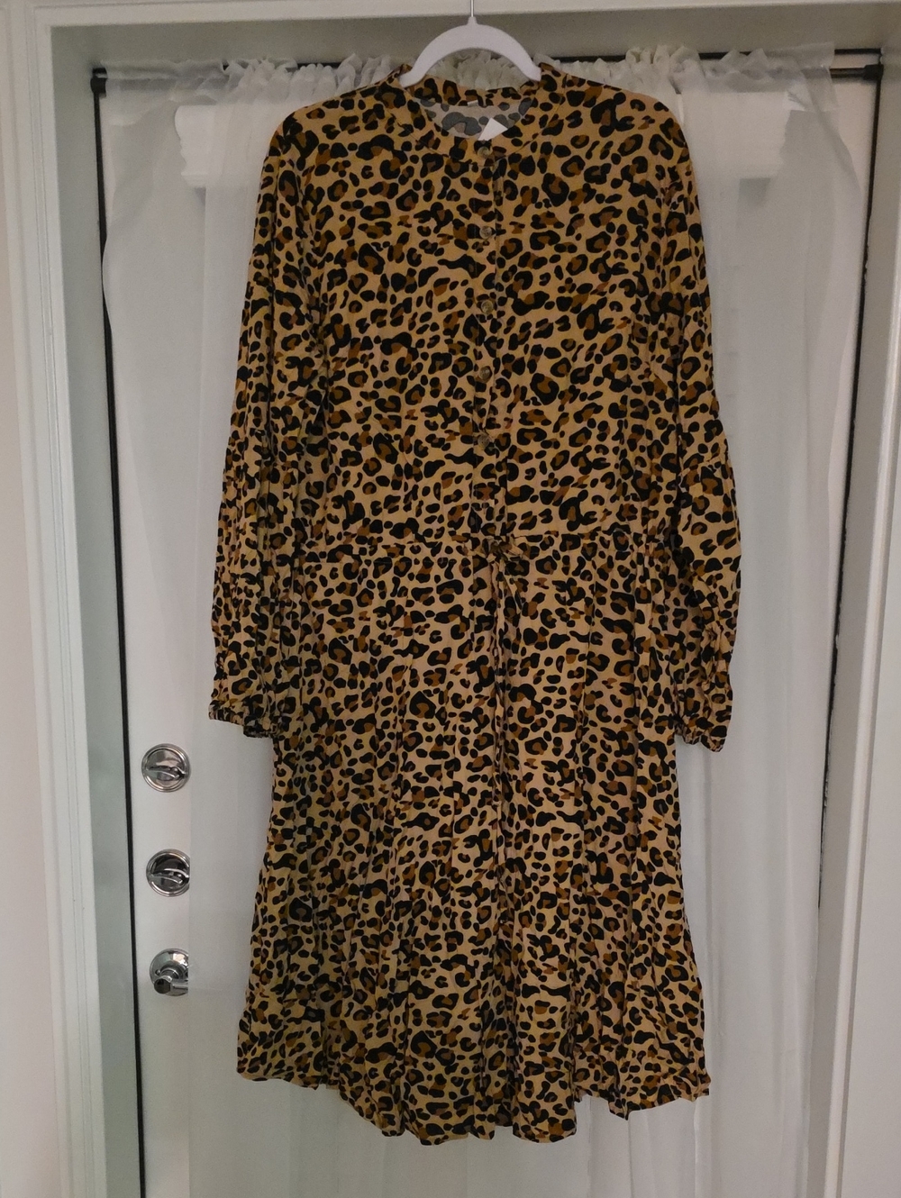 KIRUNDO Leopard Print Button-Down Long Sleeve Tiered Maxi Dress - Size XL